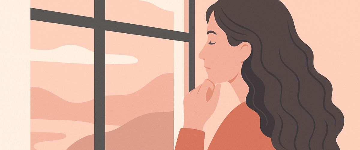 Frau sitzt am Fenster und blickt hinaus – Sinnbild für Reue und Rückblick