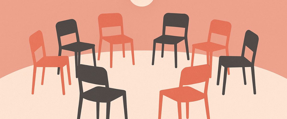 Illustration eines leeren Kreises aus Stühlen in warmer Farbgebung – Symbol für Gemeinschaft, Zuhören und achtsame Führung.