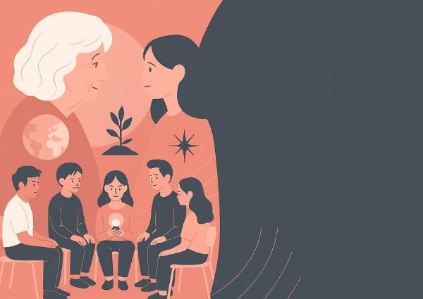 Illustration eines symbolischen Stuhlkreises mit einer älteren Frau und einem Kind in der Mitte – Sinnbild für Ursprung, Führung und Verbindung.